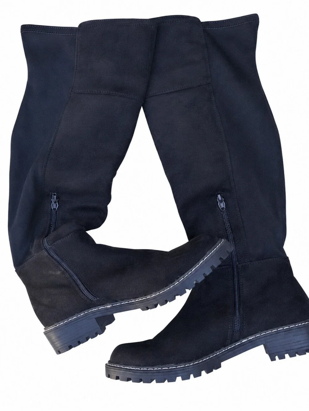 Esprit Black Suede Slouch Boots Lug Sole Zip Mid Calf Grunge Moto Y2K Size 6.5